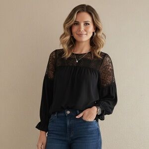 Parker Womens Silk Lace Detail Long‎ Sleeve Blouse Black Size M